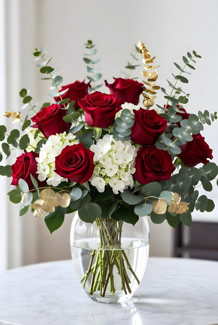Rosas en florero de vidrio
